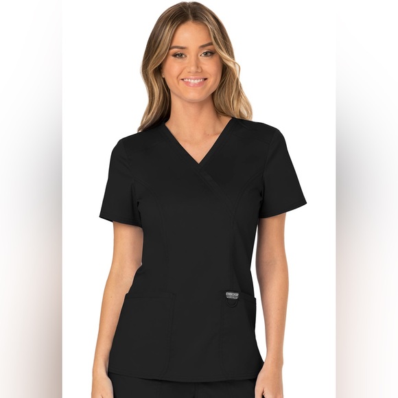 Cherokee Workwear Revolution Black Scrub Mock Wrap Top and Pants XXS Set - Picture 2 of 3
